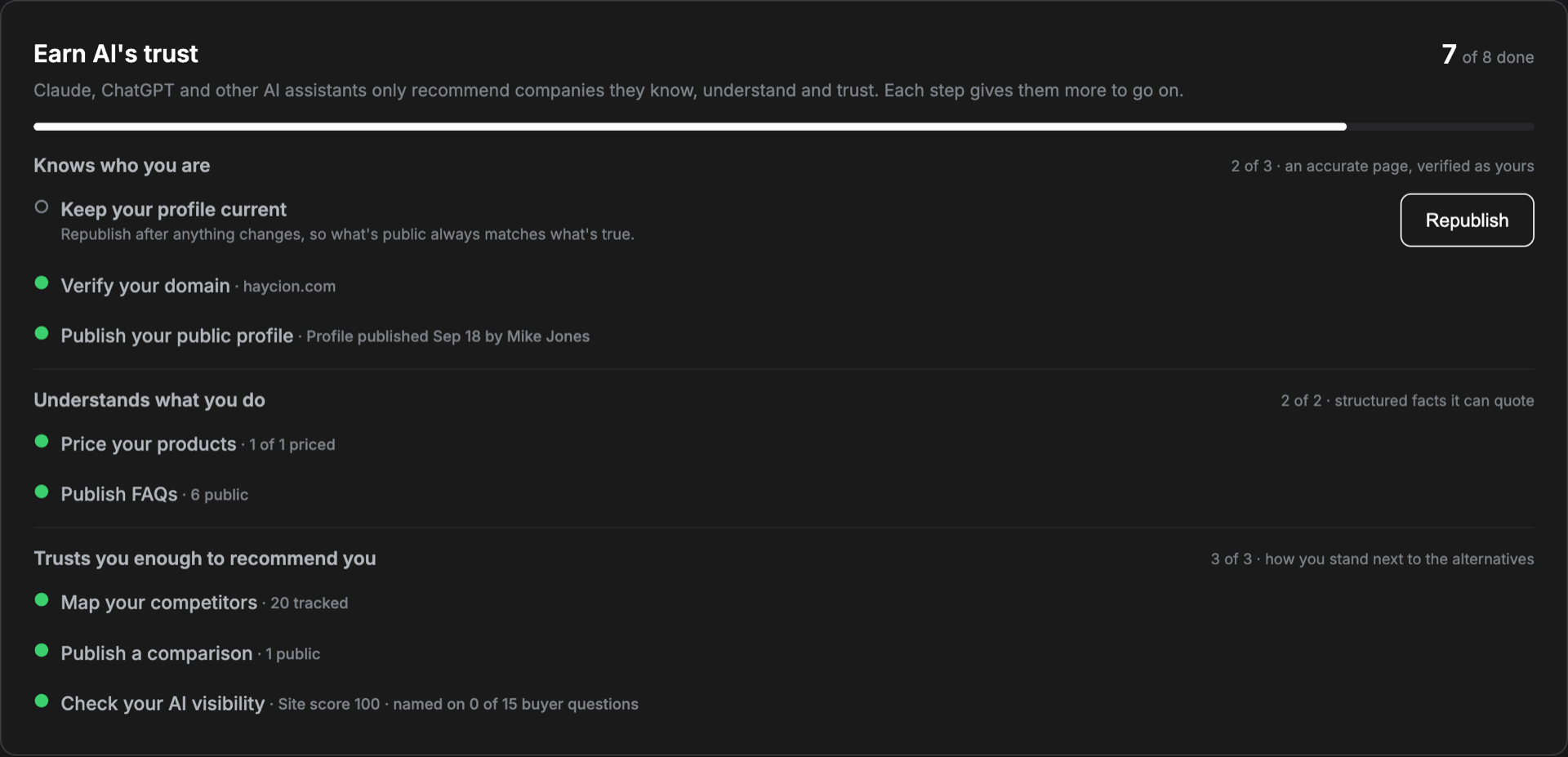 The Earn AI's trust checklist in a Haycion workspace: a progress bar and three groups, Knows who you are, Understands what you do, and Trusts you enough to recommend you, each item showing what's done and what's left.