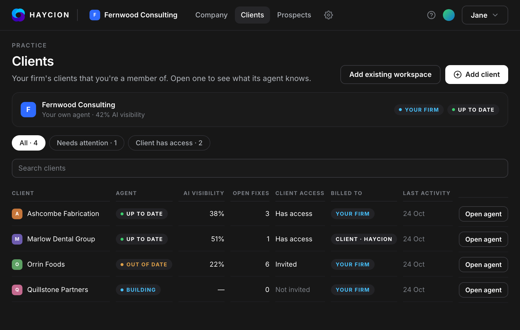 The practice's Clients page: four client workspaces with agent status, AI visibility, open fixes, whether the client has access, who is billed, last activity and an Open agent button.