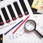 Financial documents showing charts and graphs with a magnifying glass and pencils for detailed analysis.